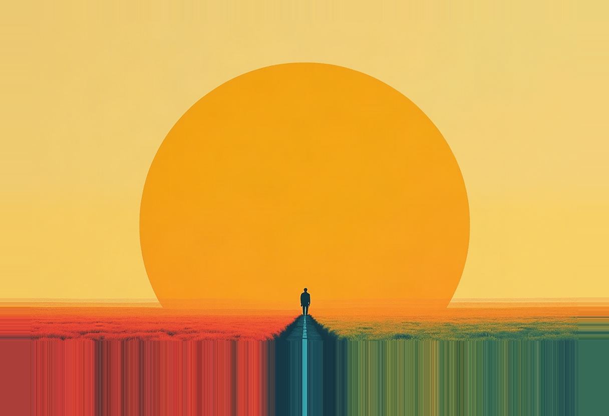 A silhouetted figure stands on a path splitting red and green fields, before a large orange sun, with a blue line continuing down the foreground.