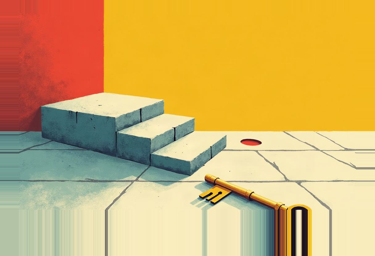 An oversized gold key lies on cracked pavement beside a small round hole, with three stone steps nearby against a red and yellow background.