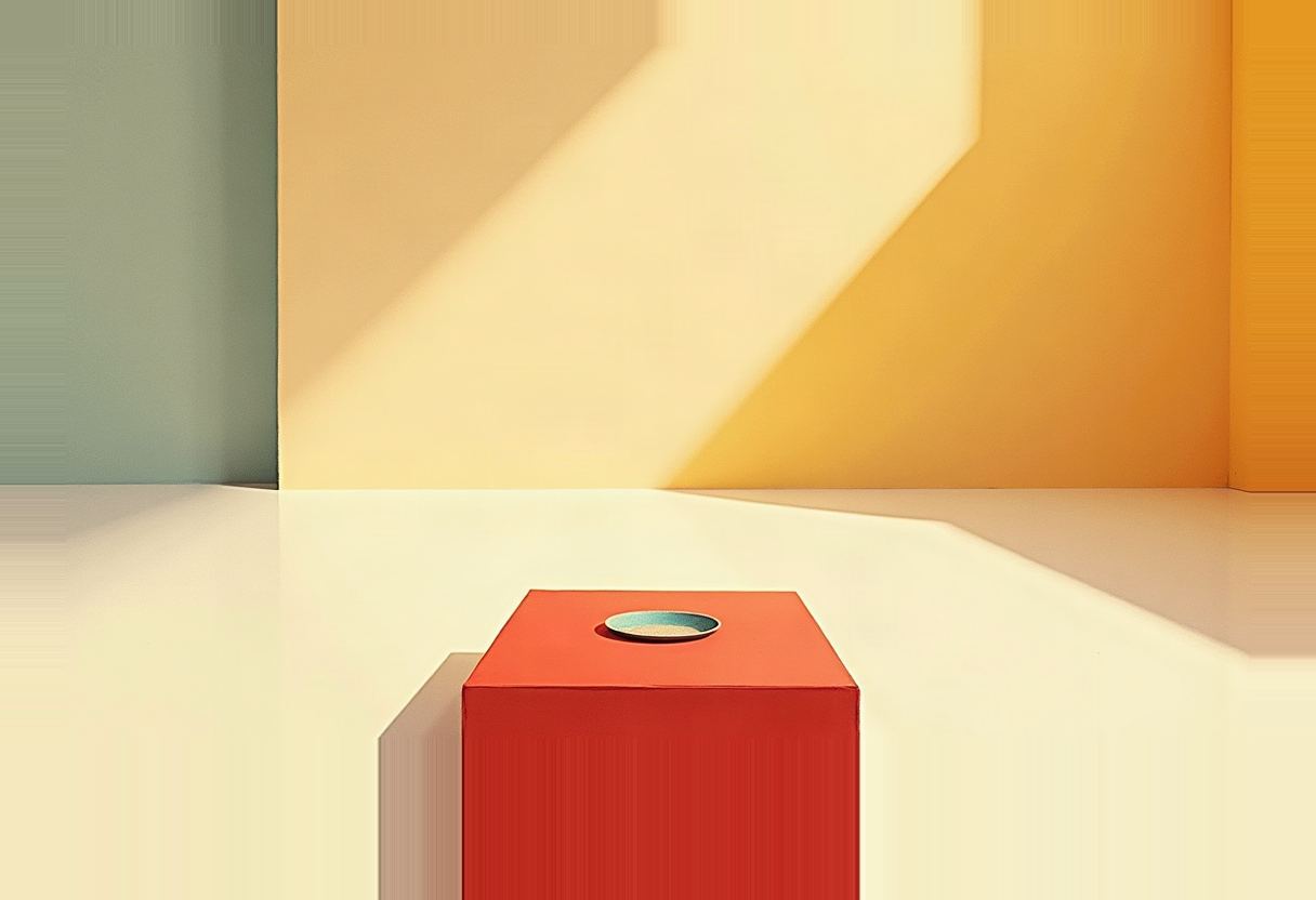 A small shallow bowl sits atop a red rectangular pedestal in a room with sage-green, cream, and orange walls lit by a diagonal shaft of light.