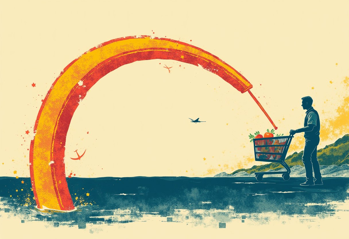 A red-and-yellow arched ribbon rises from the sea and pokes a silhouetted man pushing a shopping cart of produce, on a cream background.
