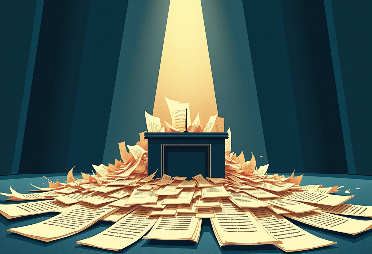 A single microphone on a lectern surrounded and buried by scattered printed paper documents, lit by a beam of light against dark blue curtains.