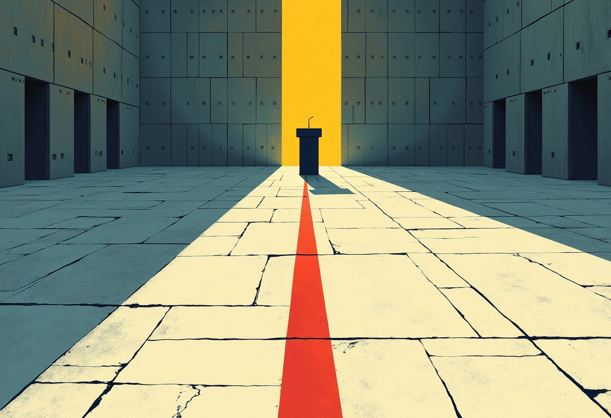 A red stripe runs down a cracked stone corridor toward a small podium lit by a tall yellow panel between rows of dark blue-grey block walls.