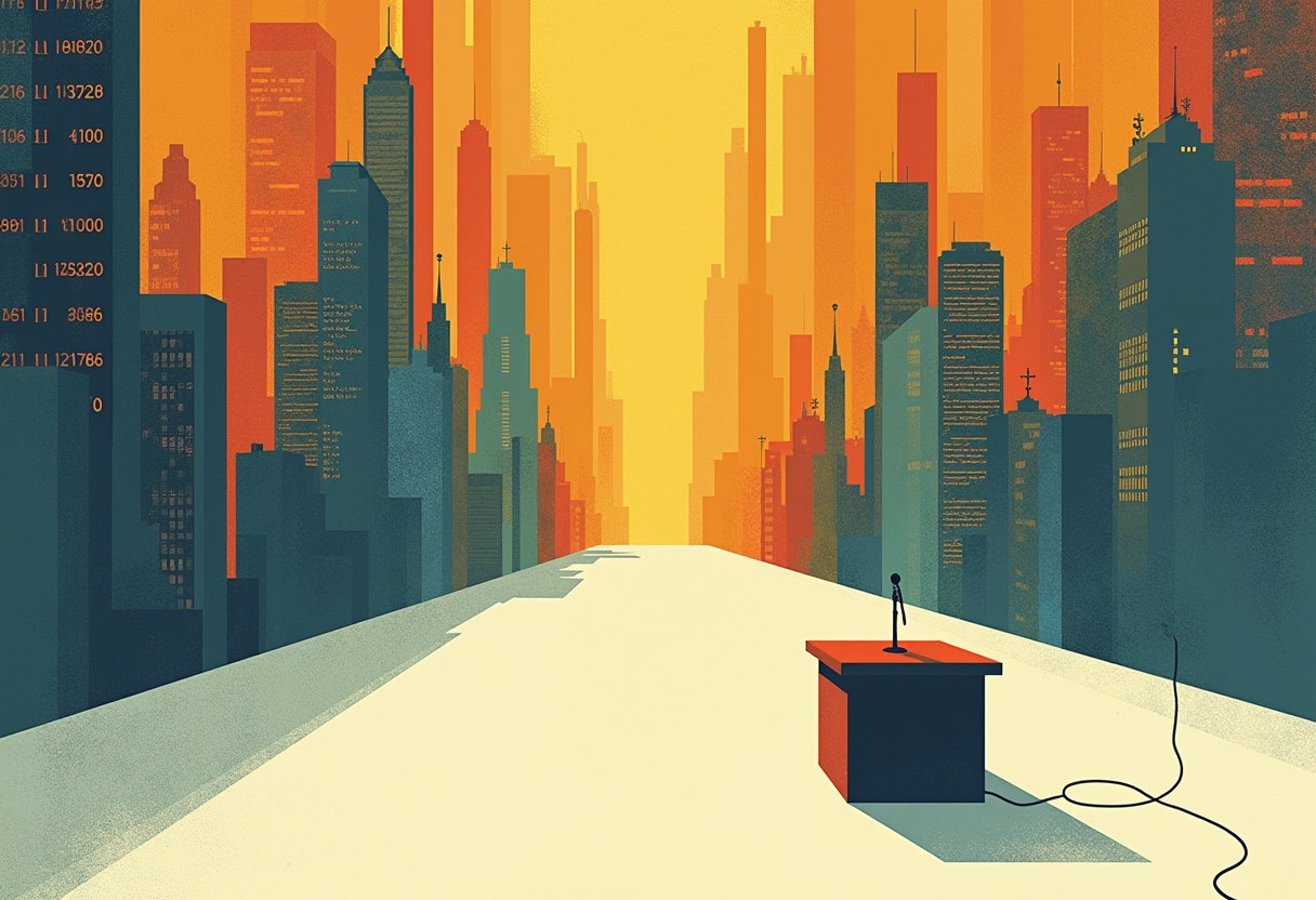 An empty podium with a microphone sits on a pale street lined with an unplugged cord, flanked by a stylized city skyline in orange and teal under a yellow sky.