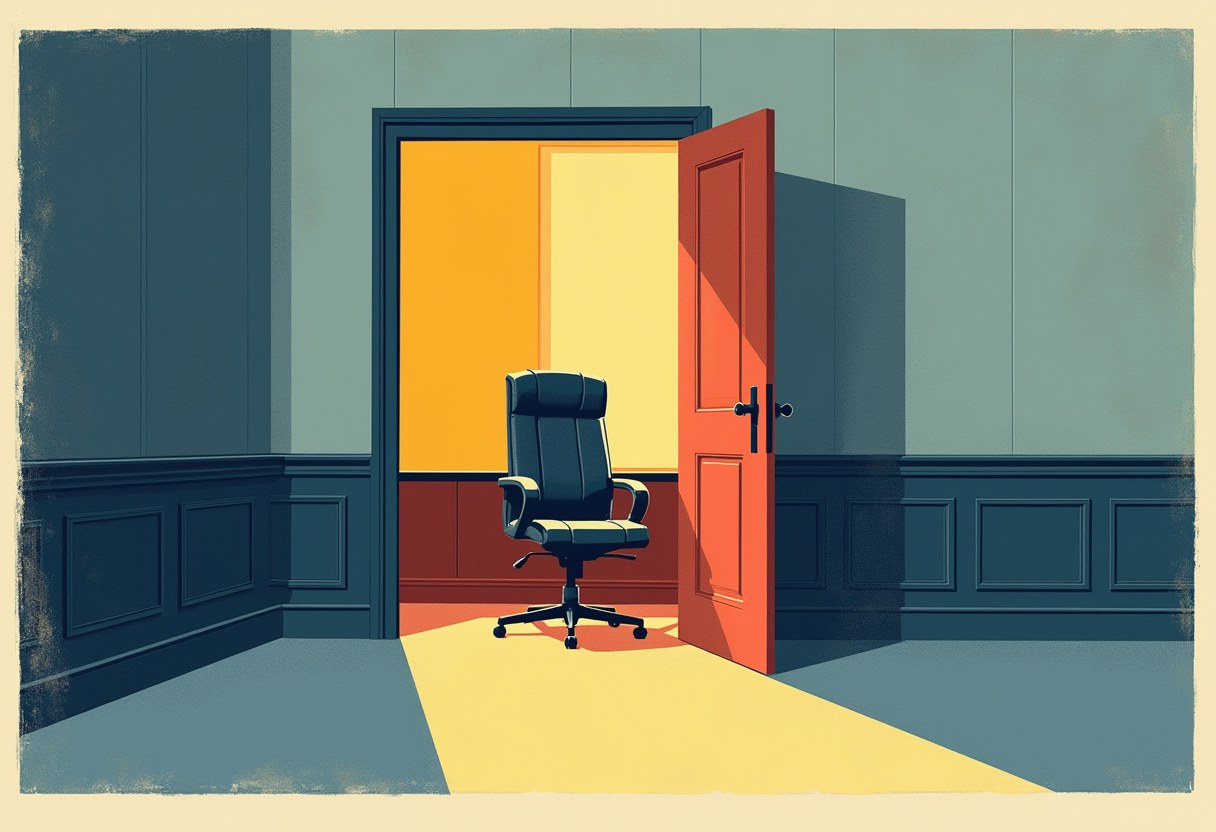 An empty black leather office chair sits behind an open orange door, framed by yellow light in a blue-paneled hallway.