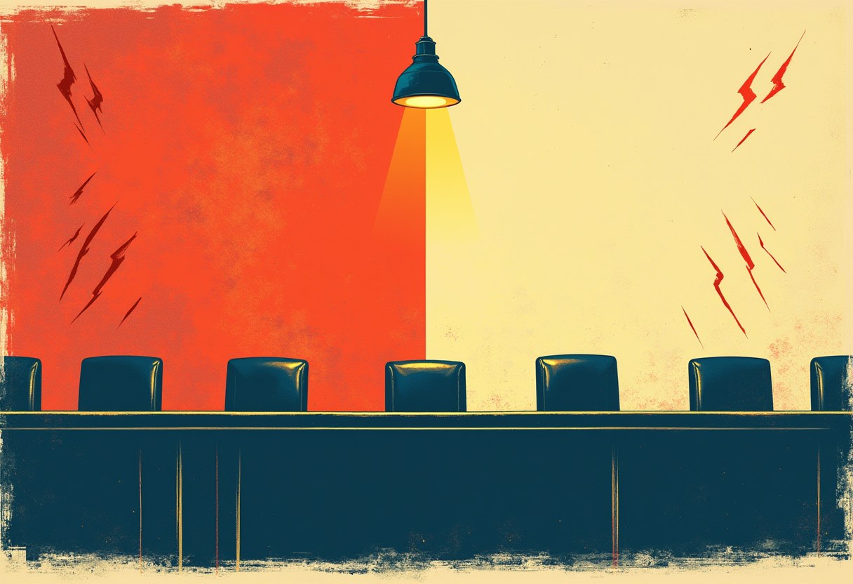 A row of empty dark chairs behind a long desk under a single hanging lamp, with a wall split red and cream and jagged red streaks on both sides.