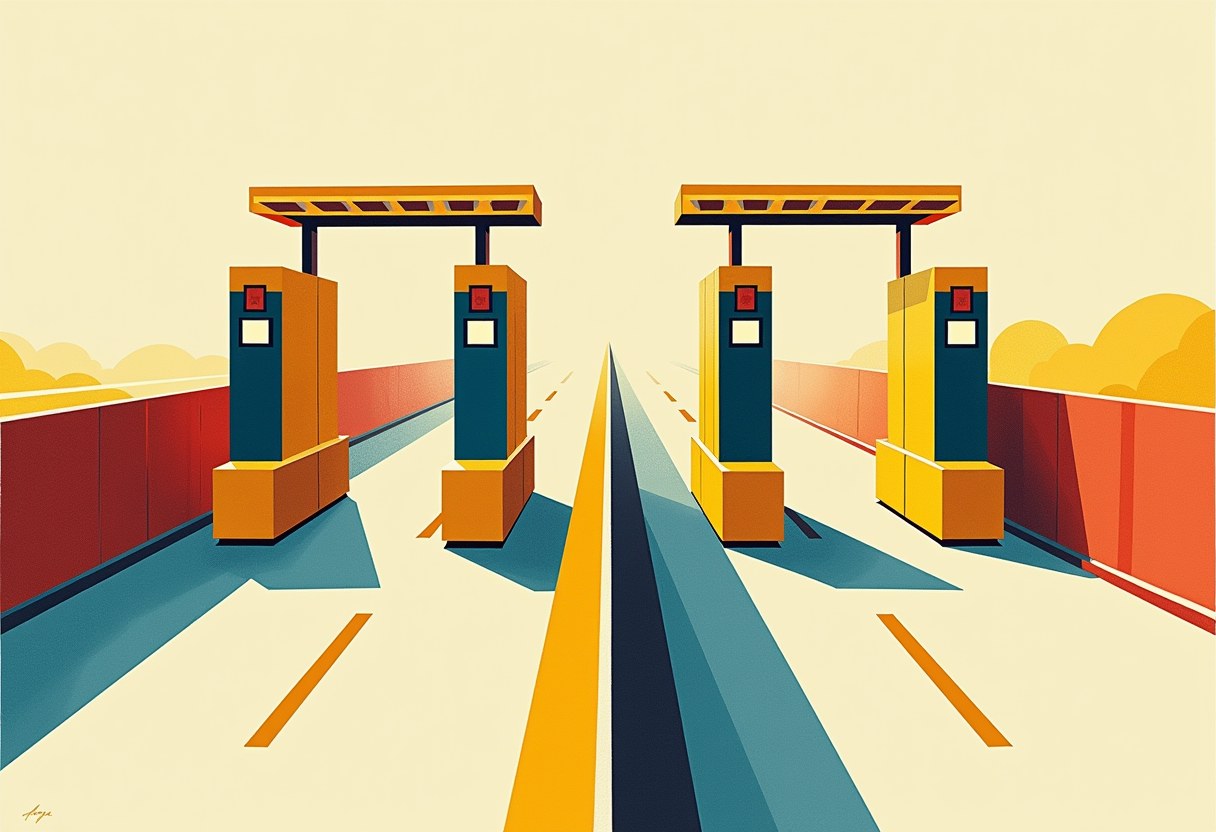 Symmetrical illustration of a highway toll plaza with two mirrored sets of yellow toll booths and overhead canopies flanking a road with red walls and orange-blue lane markings.