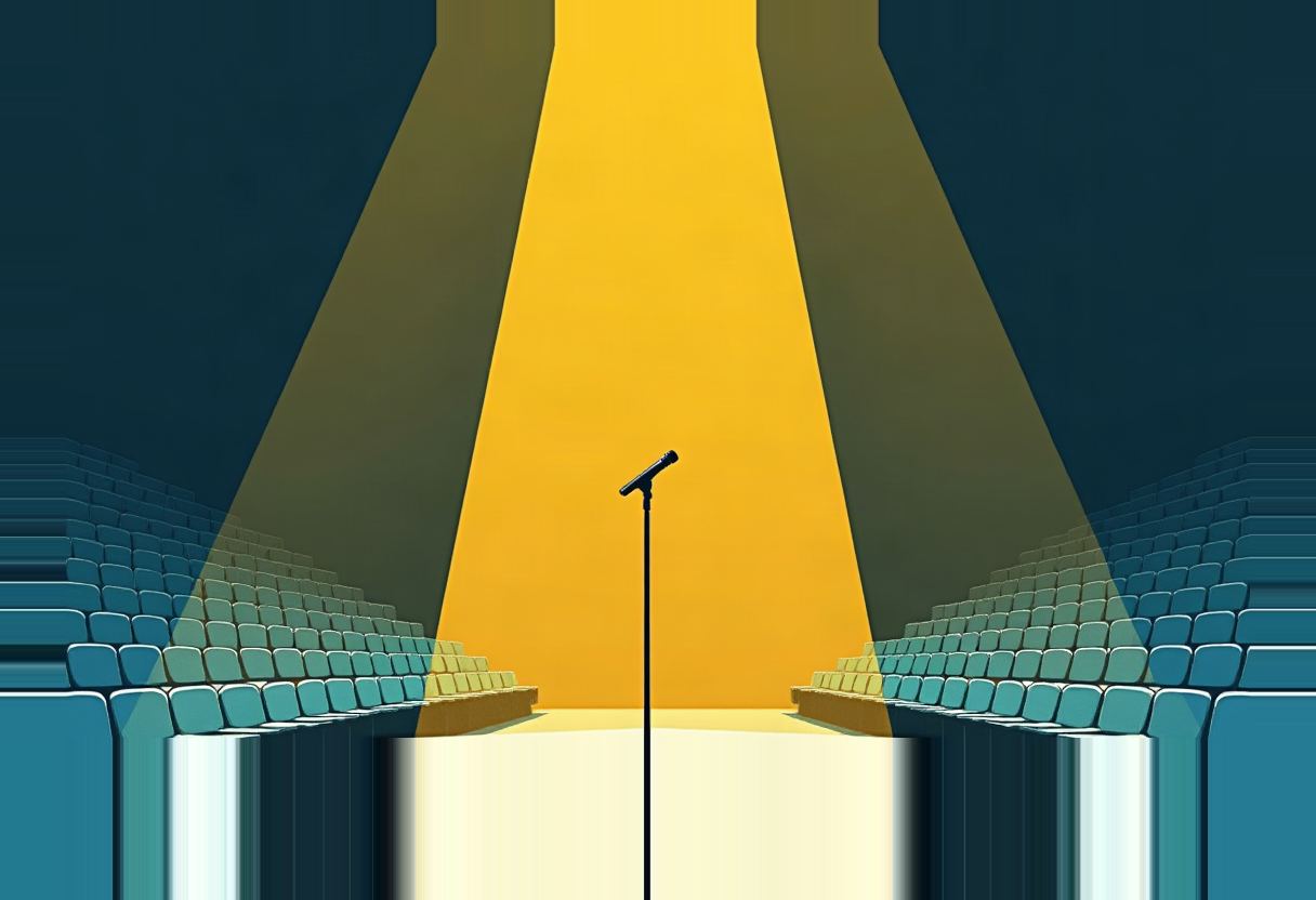 A single microphone on a stand stands in a bright yellow spotlight at the end of an empty auditorium, flanked by rows of empty teal seats.