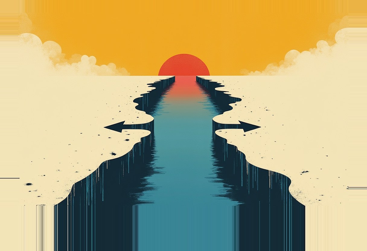 A narrow blue-red water strait cuts through cream-colored land toward a red sun on an orange horizon, with two dark arrows pointing outward from the shorelines.