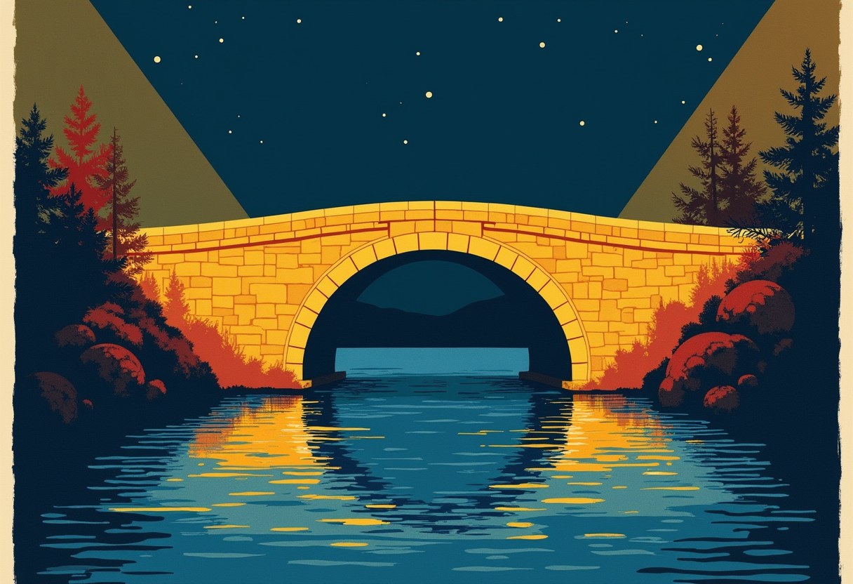 A yellow stone arch bridge spans a river at night under a starry sky, flanked by dark trees, its reflection glowing on the water.