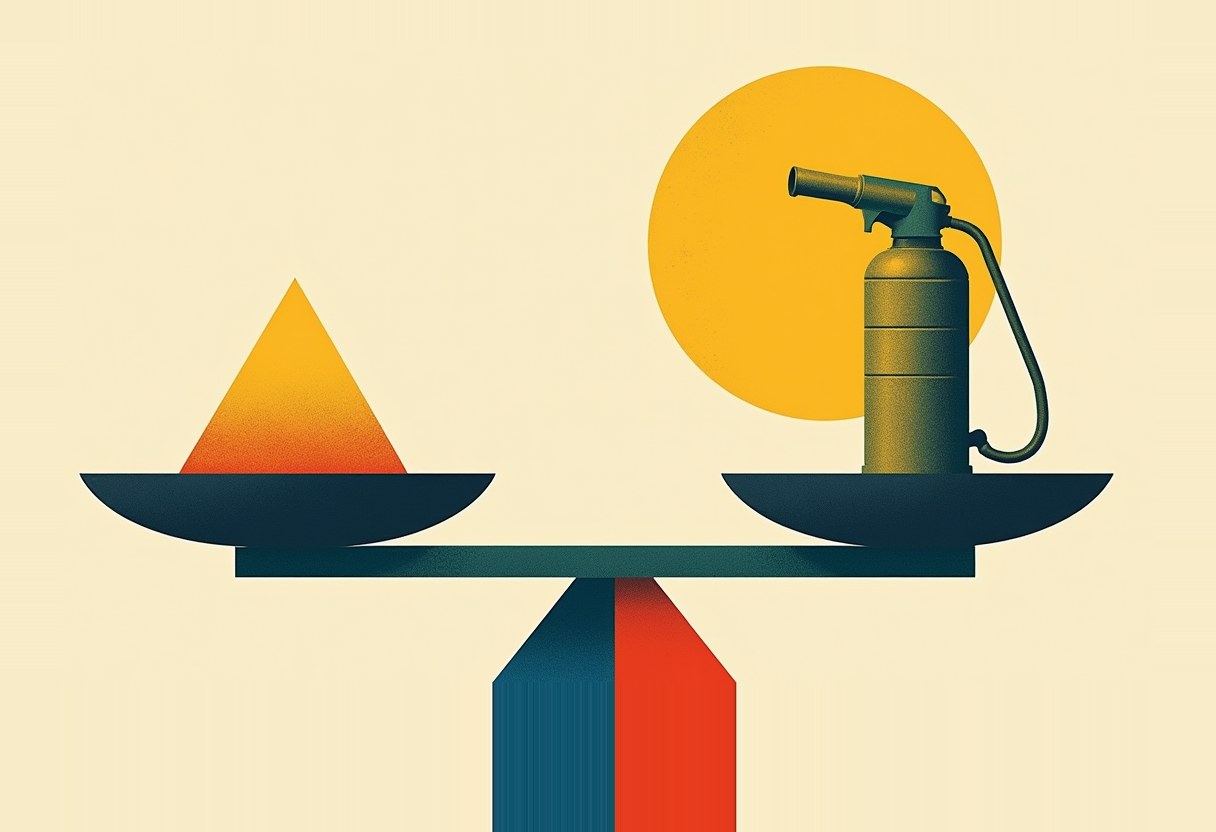 A flat-scale illustration: a fire extinguisher on one balance dish opposite an orange-yellow flame shape on the other, in front of a large yellow circle, on a cream background.