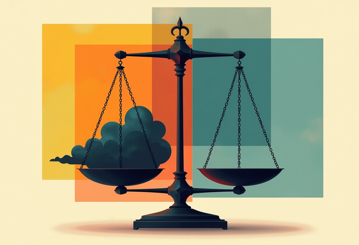 A dark scale of justice with a smoke cloud on its left pan and an empty tilted right pan, set against overlapping yellow, orange, and teal squares.