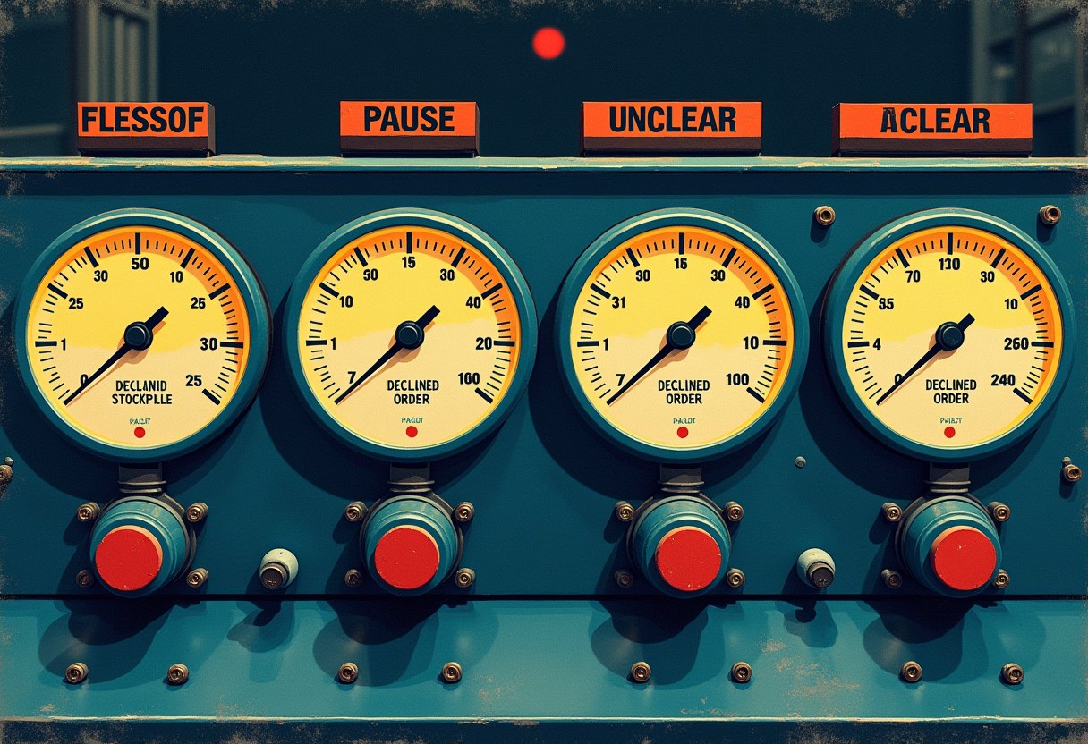 Four round pressure gauges with yellow-orange dials on a teal industrial panel, each below an orange placard reading garbled text, with red buttons beneath each gauge.