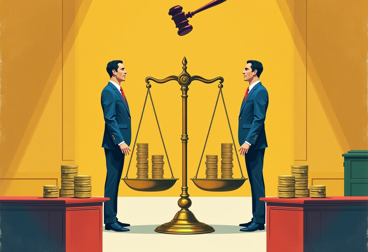 Two identical men in navy suits face each other across a balanced gold scale of coin stacks, a gavel poised above, with more coin stacks on red pedestals at either side against a yellow background.