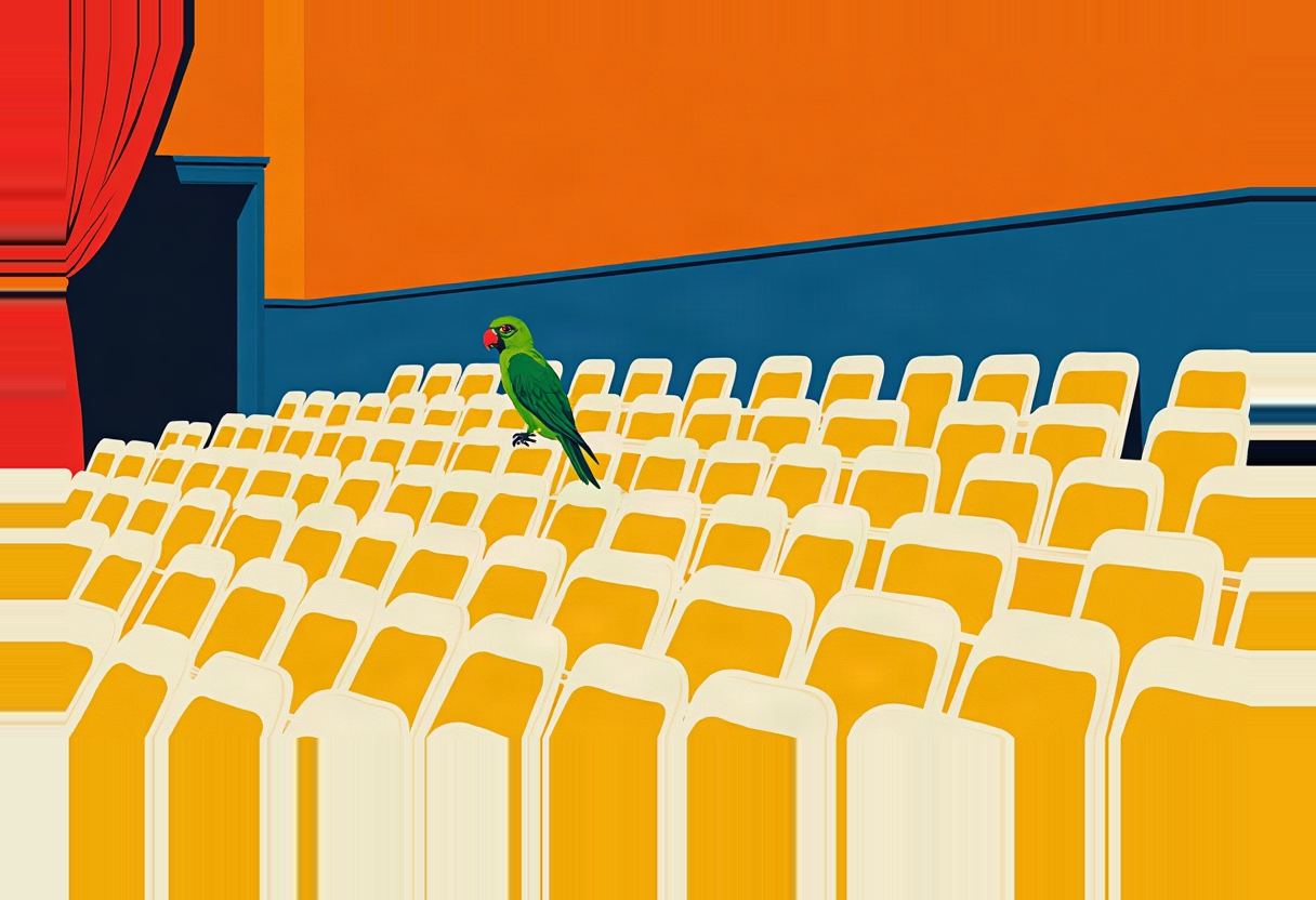 A green parrot with a red beak perches on one empty yellow seat among rows of empty yellow theater seats, beside a red curtain and orange-and-blue wall.