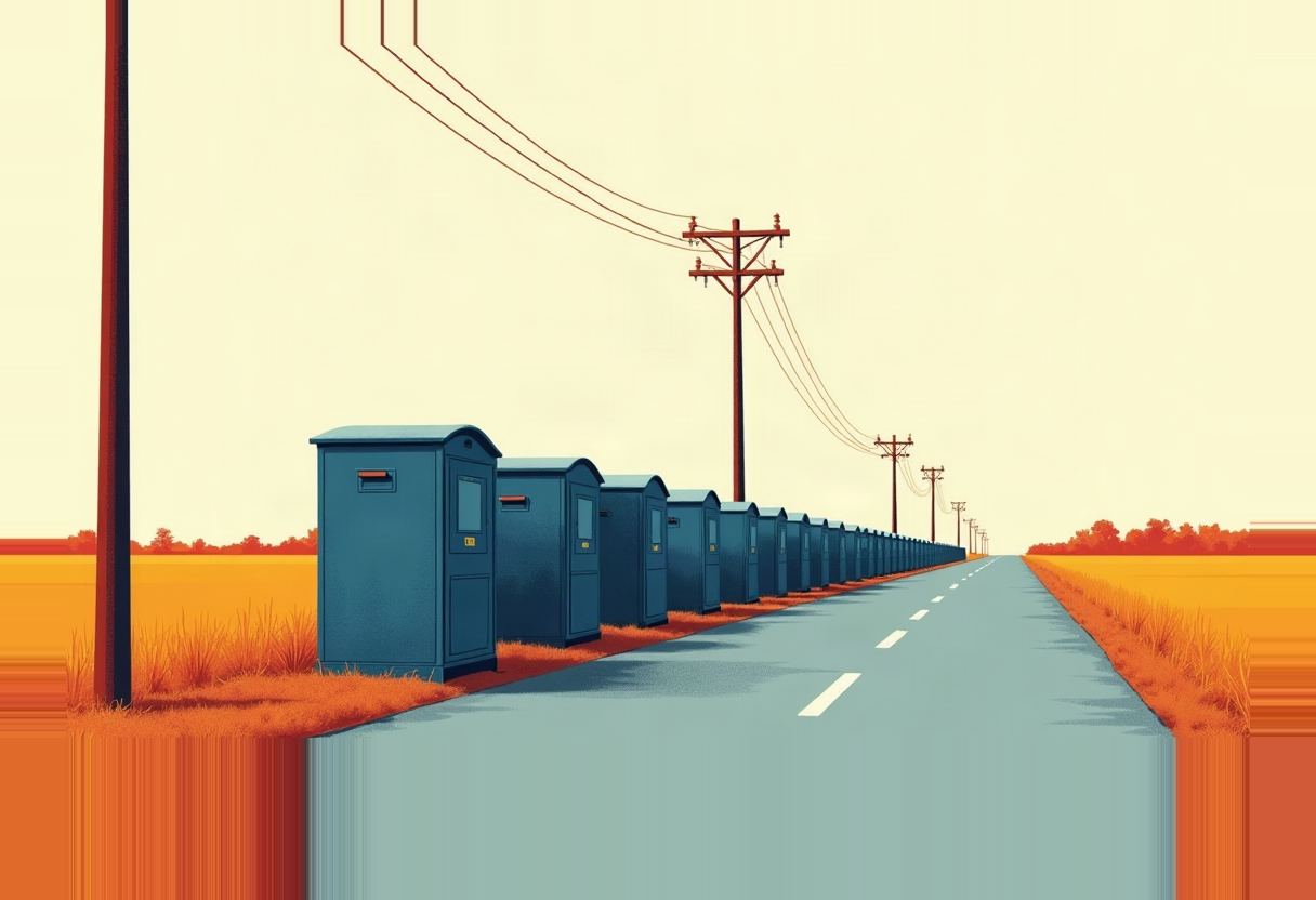 A row of dark blue mailboxes lines a rural road's shoulder beside dry orange grass and wheat fields, with telephone poles and wires receding to the horizon.