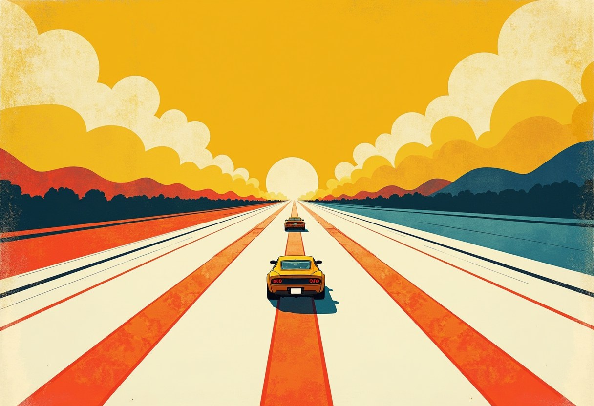 Two yellow cars drive away down a striped highway toward a bright sun, flanked by hills and stylized clouds in orange and gold.