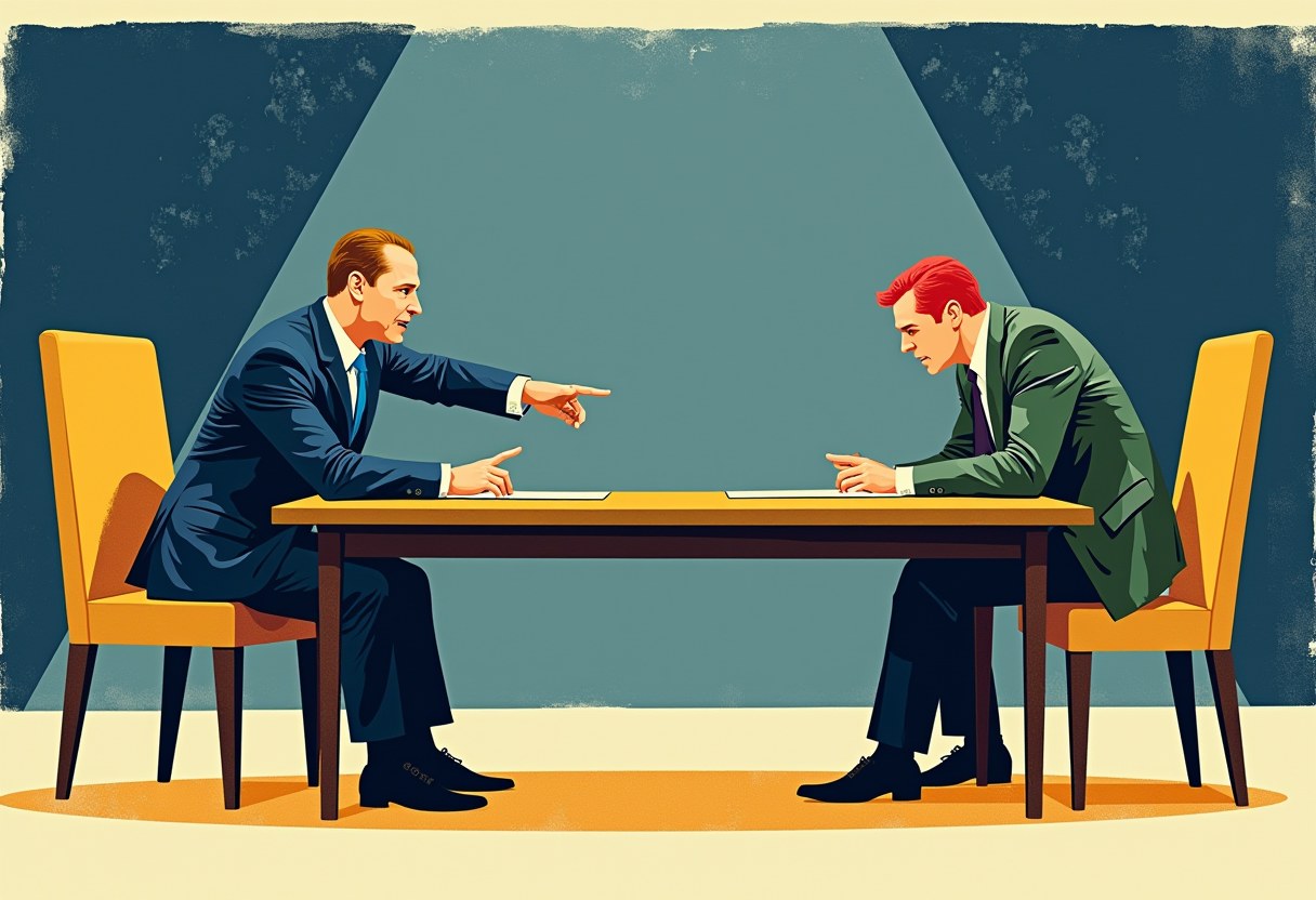 Two illustrated men in suits sit across a table pointing at each other, one in navy with a blue tie, the other in green with a purple tie, yellow chairs and a teal backdrop.