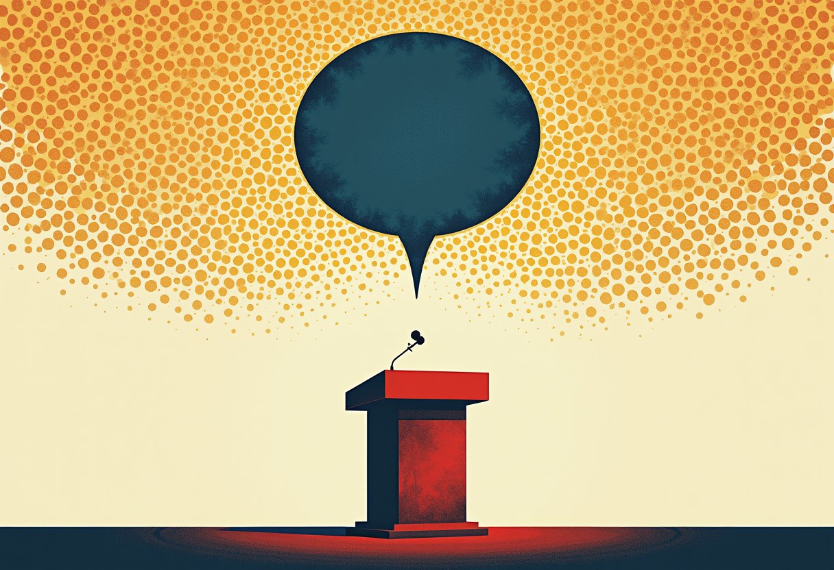 A red podium with a microphone stands below a large empty dark blue speech bubble, set against a cream background with an orange dot pattern radiating outward.
