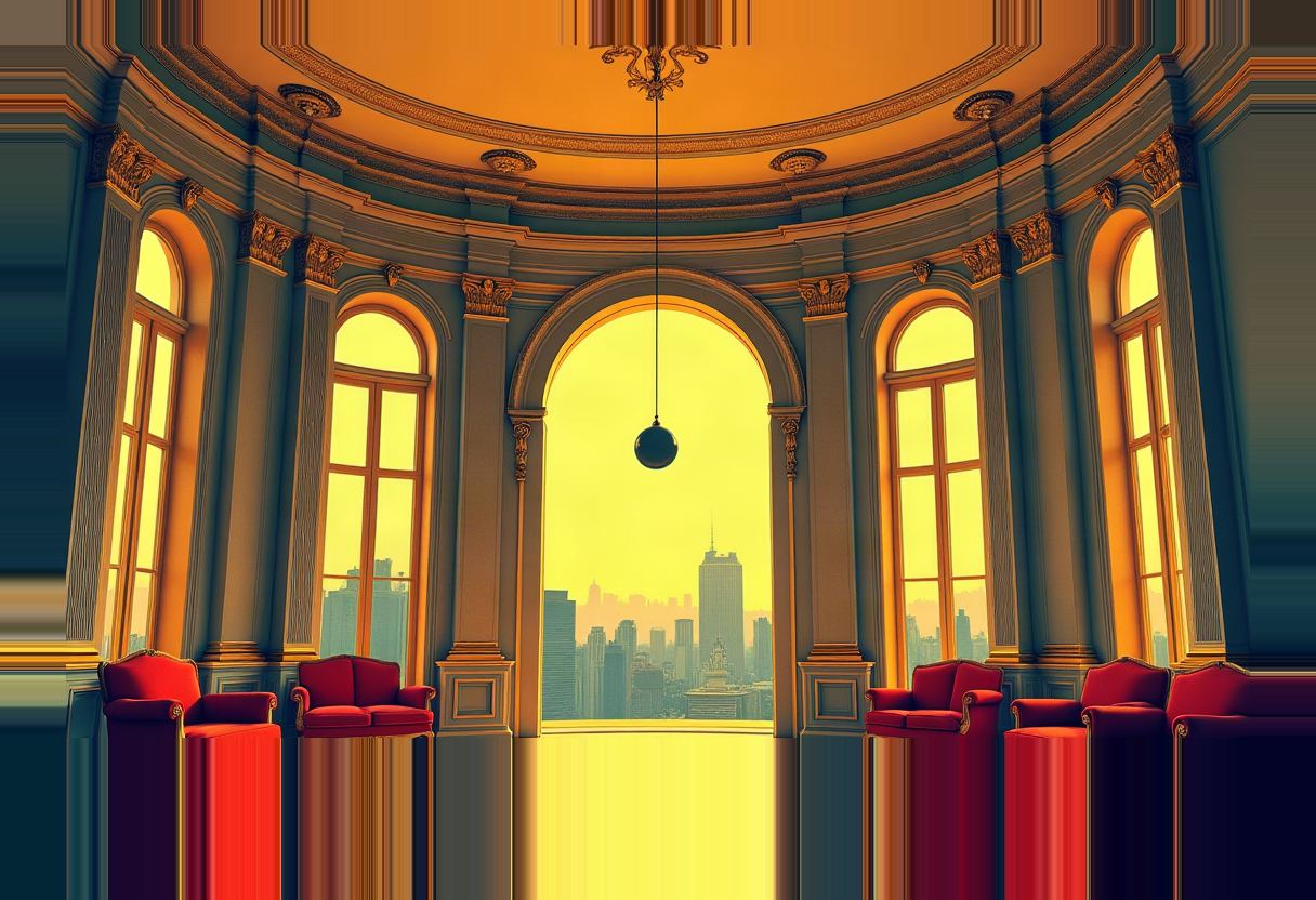 Oval-shaped gold-toned room with arched windows and red armchairs on pedestals, a single dark orb hanging from the domed ceiling, facing a city skyline through tall arched doors.