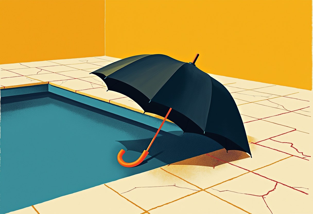 Editorial illustration of an umbrella folding inward beside an empty reflecting pool, one side water and one side dry tiles