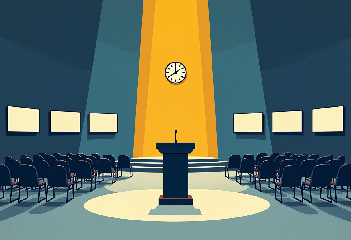Illustration of an empty podium with a microphone lit by a spotlight, rows of empty dark chairs on either side, a wall clock above under a yellow beam of light, and blank picture frames on the side walls.