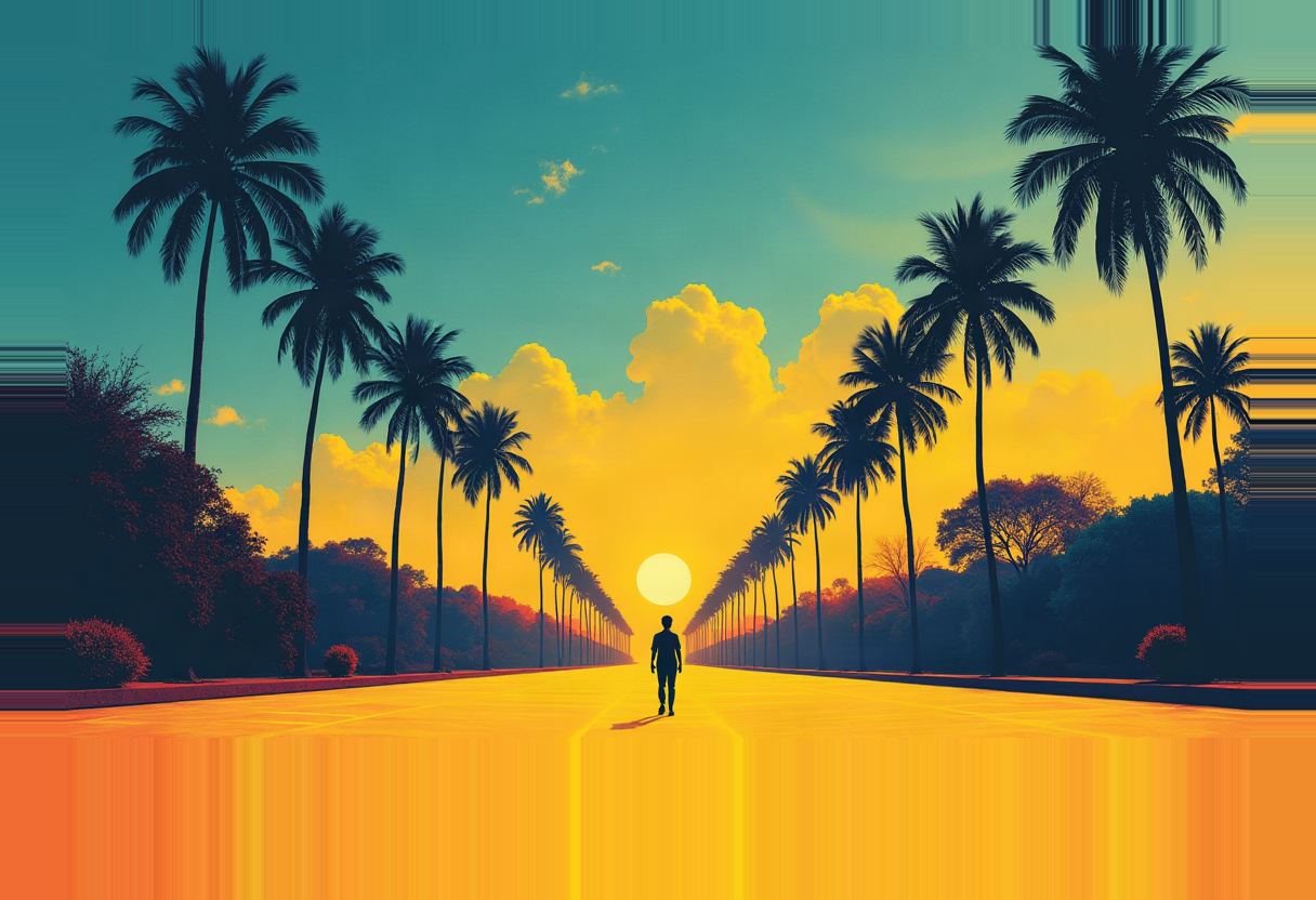 A silhouetted figure walks down a palm-lined avenue toward a glowing round sun low on the horizon, under a teal-to-orange gradient sky.