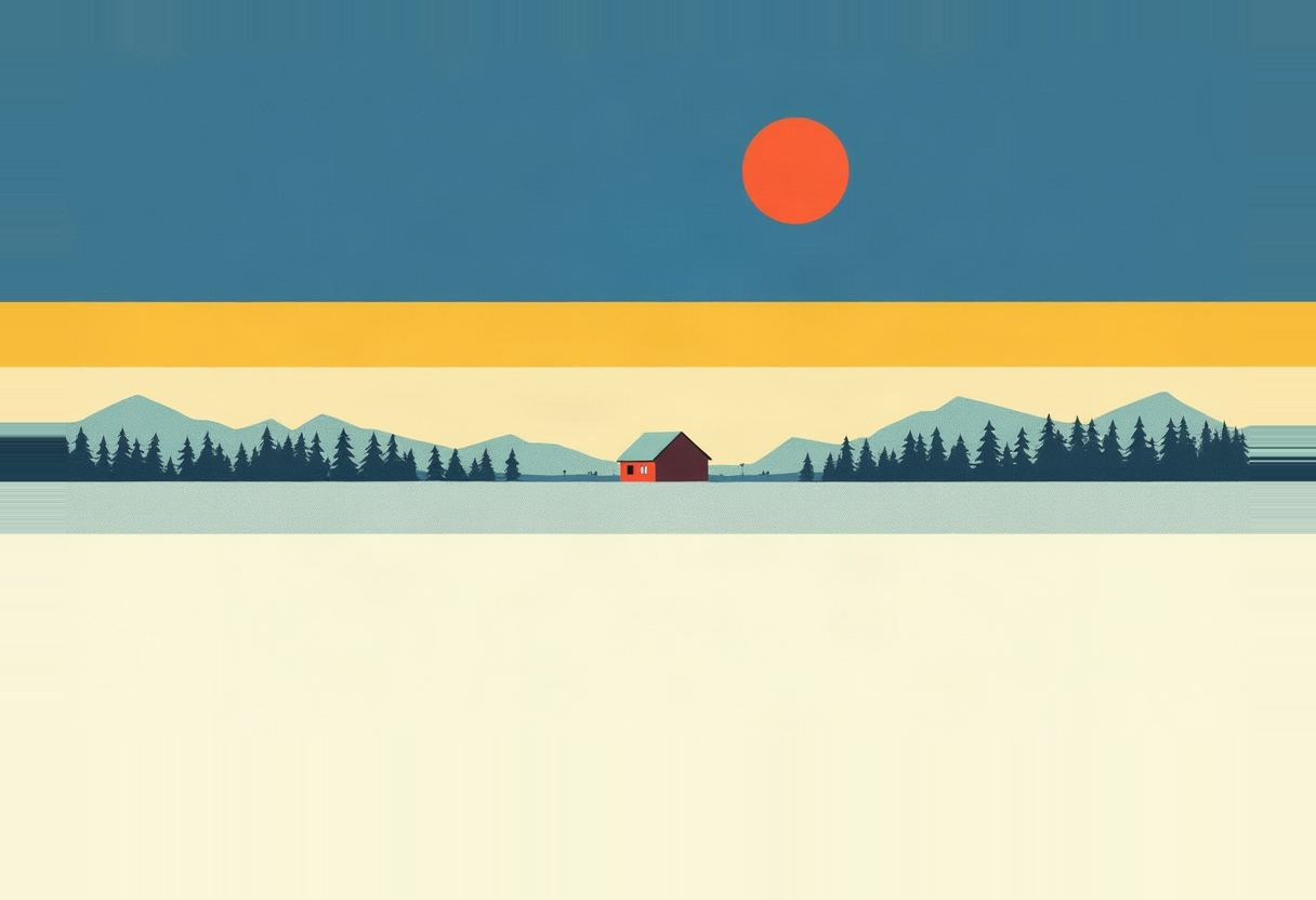 Flat illustration of a red cabin among pine trees beneath blue mountains, an orange sun in a teal sky above a yellow horizon band, with pale cream foreground.