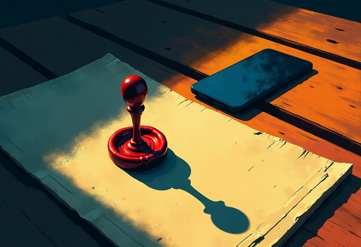 A red wax seal stamp stands upright on a blank sheet of paper beside a smartphone, both resting on a wooden table lit in orange and teal tones.