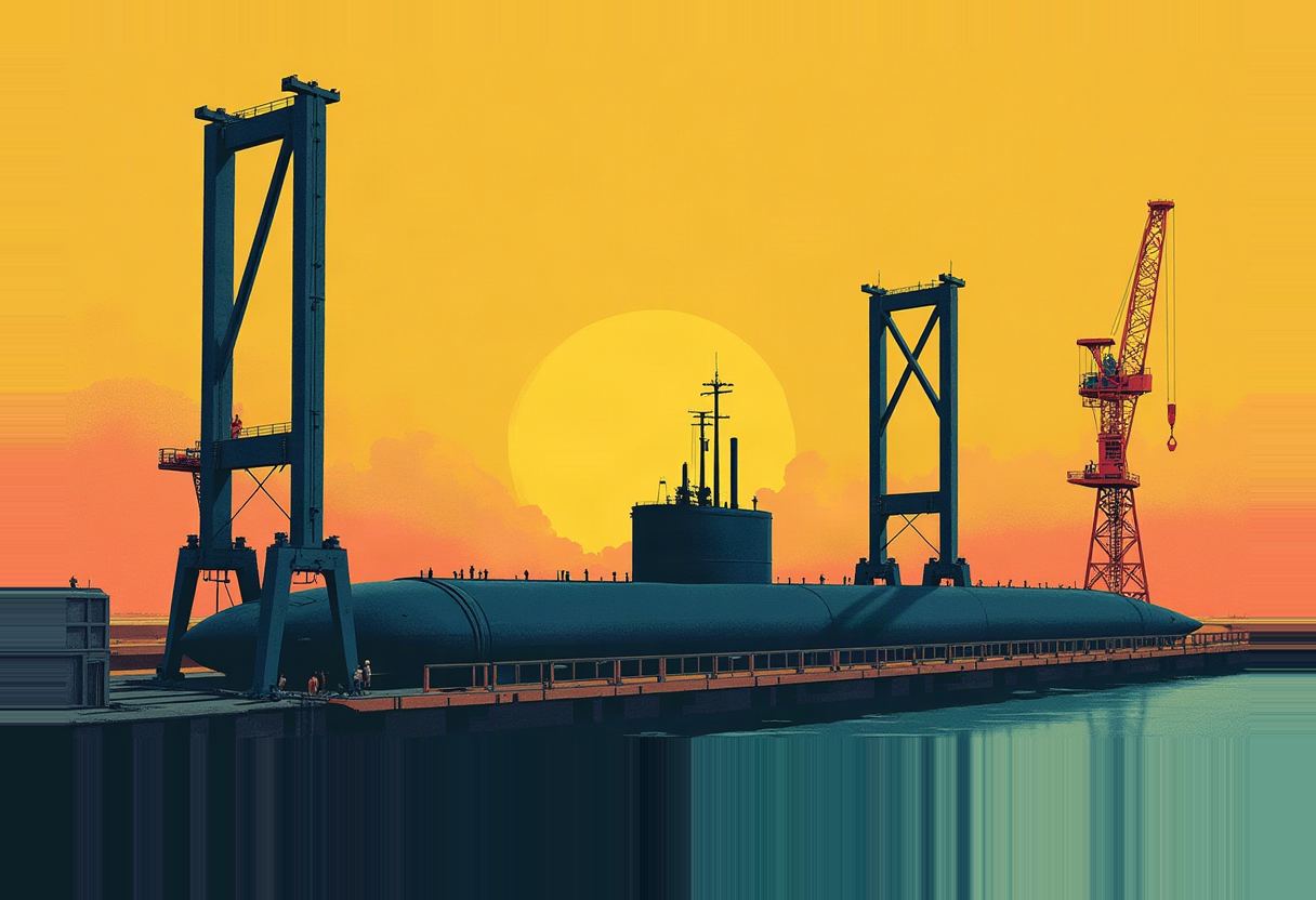 A dark submarine with a conning tower sits in a dry dock between two gantry cranes and a red tower crane, silhouetted against an orange-yellow sunset, with tiny figures walking its hull.