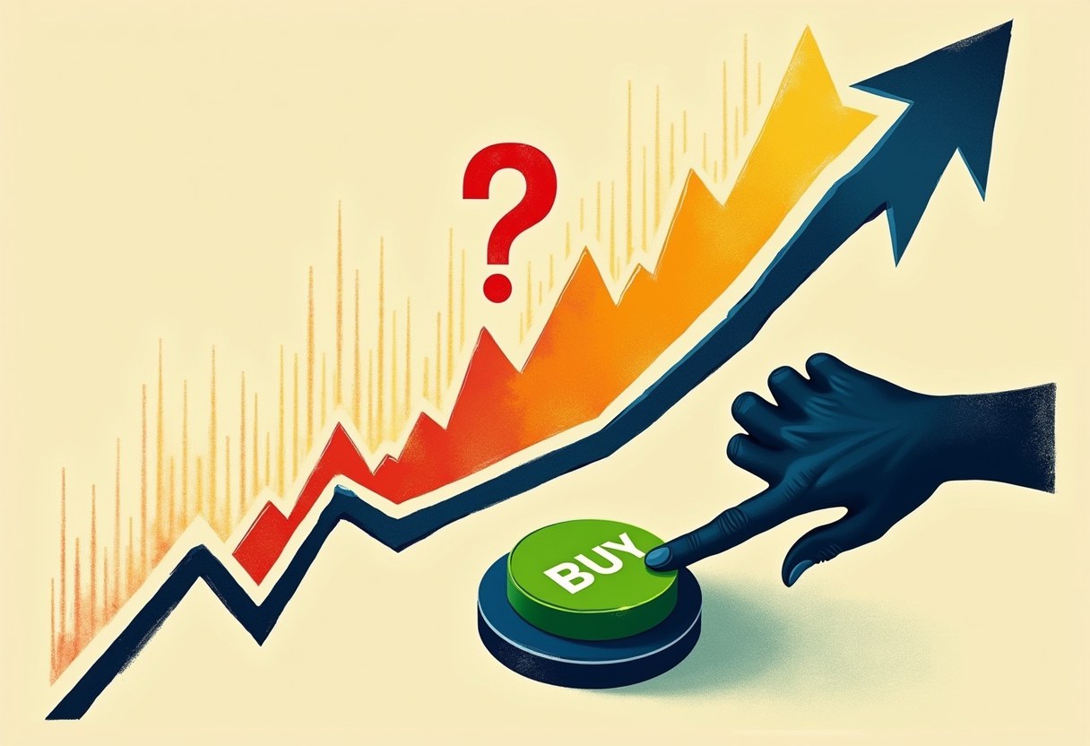 A dark silhouetted hand presses a green BUY button beneath a rising red-to-yellow arrow chart with a red question mark above it, on a cream background.