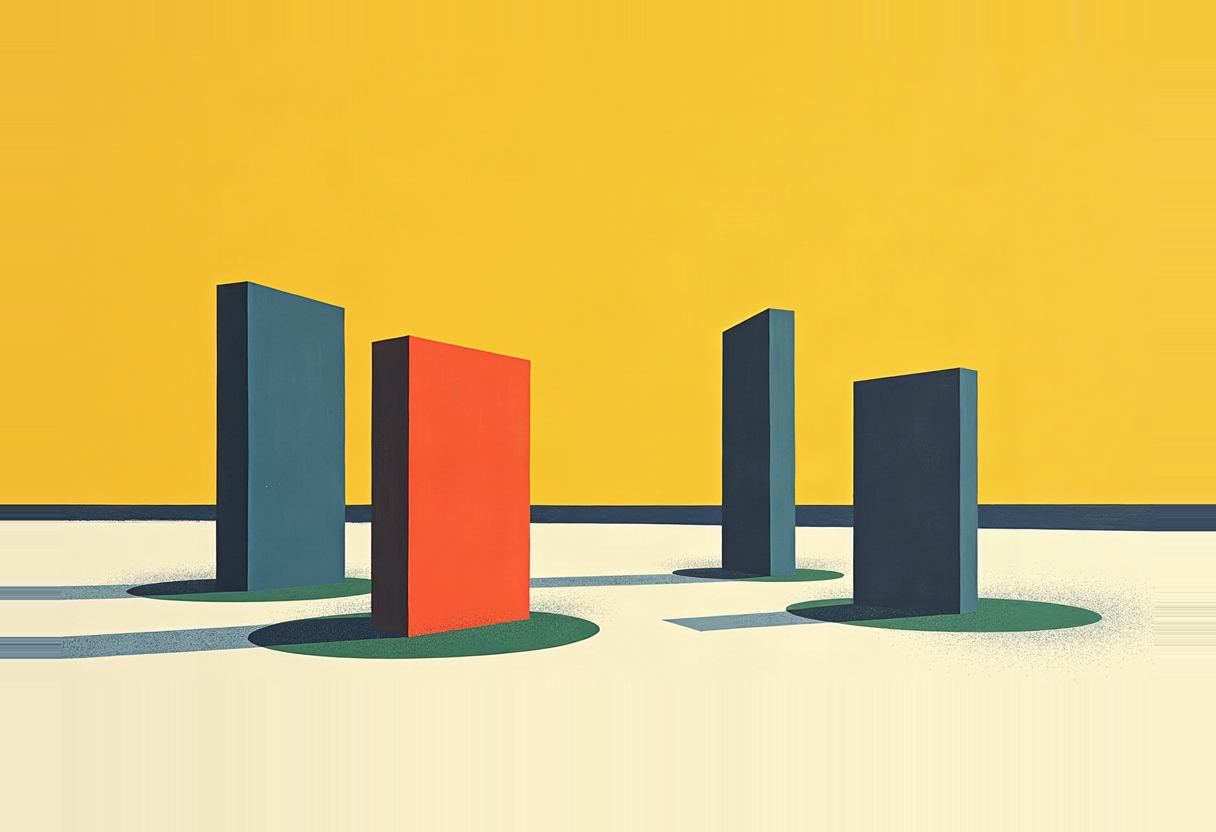 Four tall rectangular slab monoliths, three dark navy and one orange, stand on small green circular patches of ground against a flat yellow sky and pale cream ground.