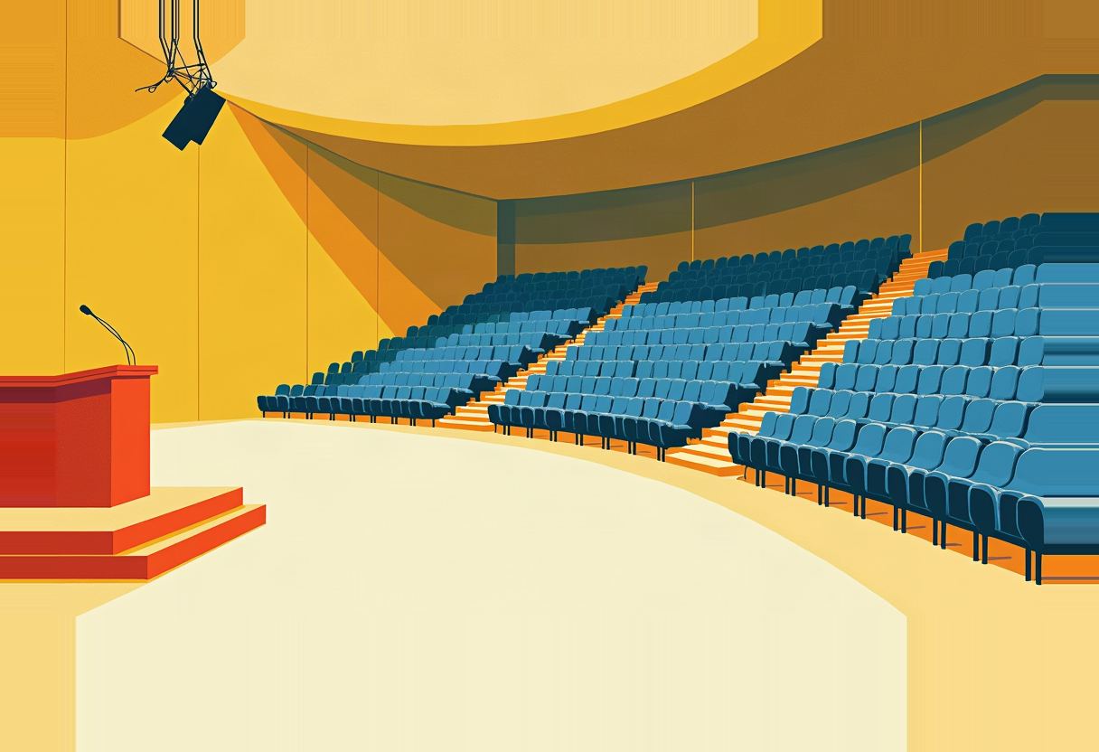 Illustration of an empty auditorium with rows of blue seats curving beside a stage holding a red podium with microphone, under a yellow curved ceiling.