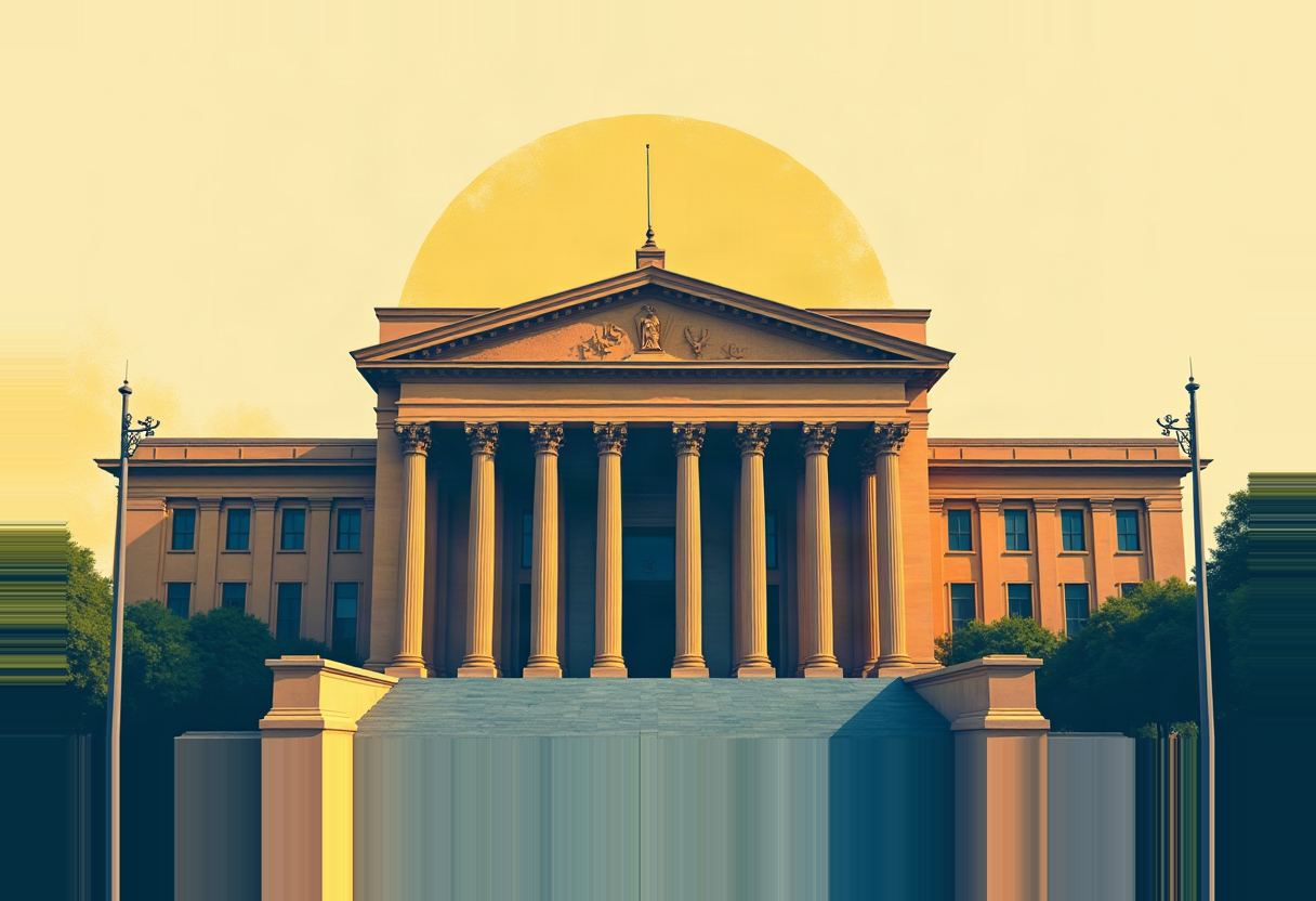 A stylized neoclassical courthouse with tall Corinthian columns, a pediment carved with a central figure, and wide steps, set against a large pale sun and flanked by two lampposts and trees.