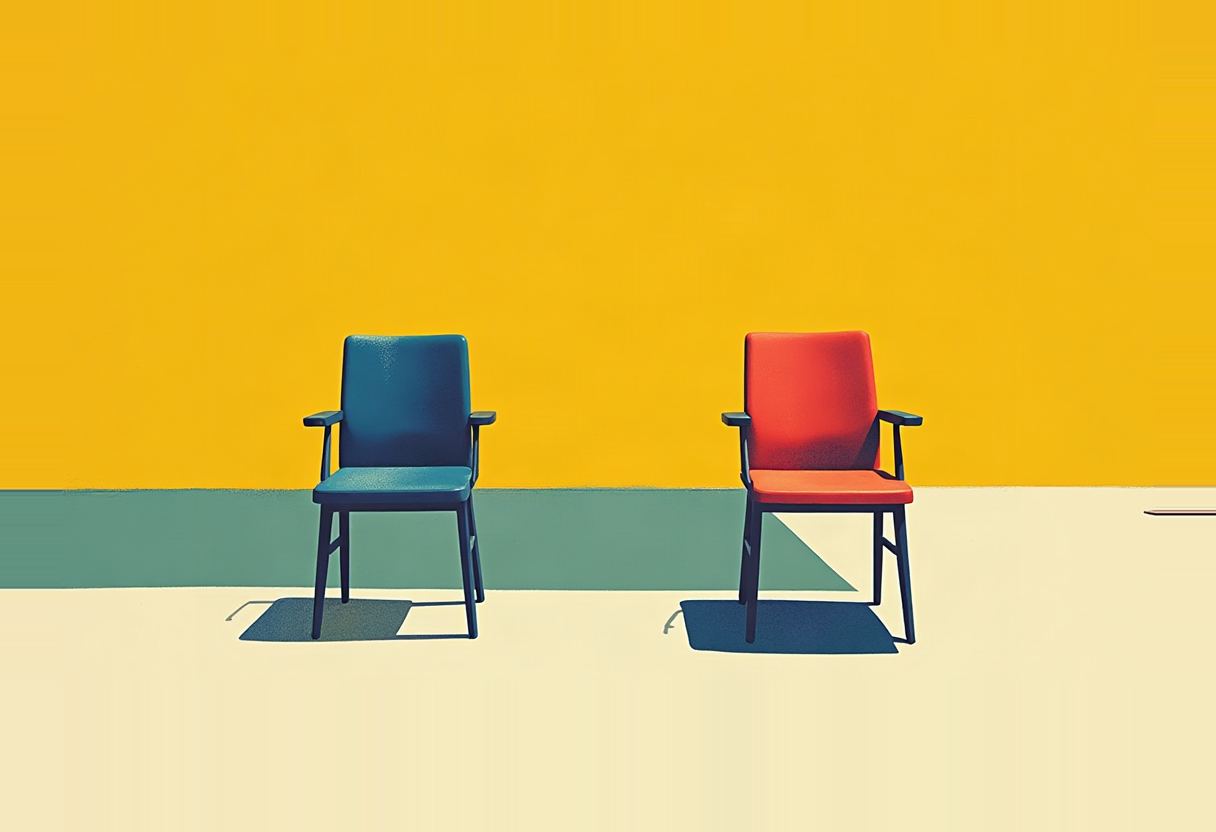 Two empty armchairs, one blue and one red, sit apart on a cream floor against a yellow wall with a teal stripe.
