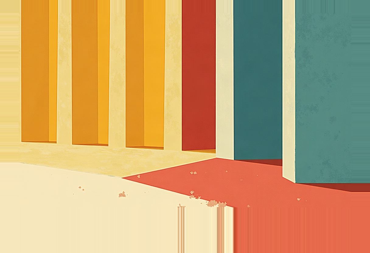 Flat illustration of tall vertical panels in alternating yellow, orange, red, and teal, casting shadows onto a cream and red textured floor.