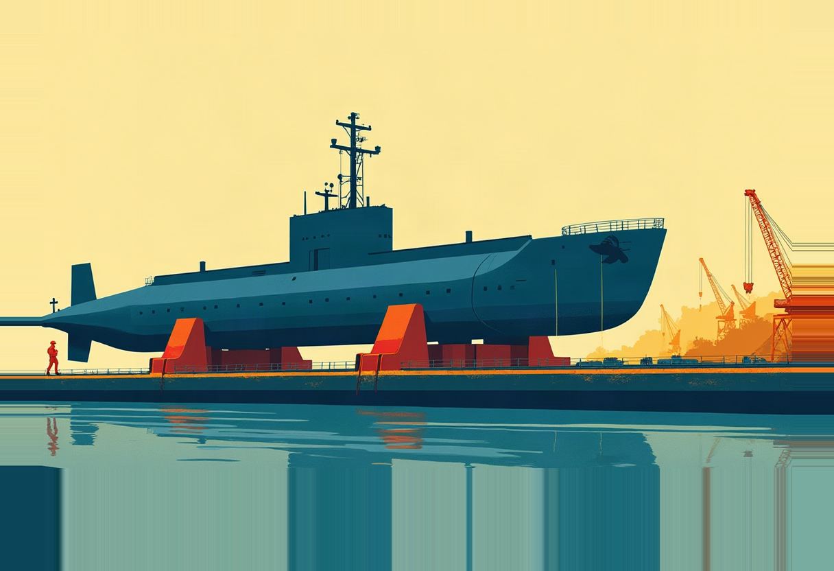 A dark blue submarine with a tall conning tower sits in dry dock on orange supports beside a harbor, a tiny figure in orange walking at its bow and cranes in the hazy background.