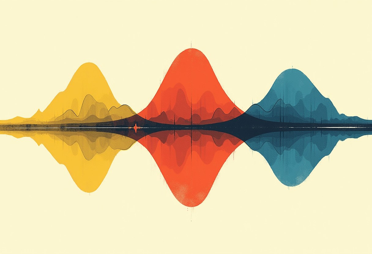 Three overlapping bell-shaped curves in yellow, red, and blue mirrored below a horizon line like reflections on water, on a cream background.
