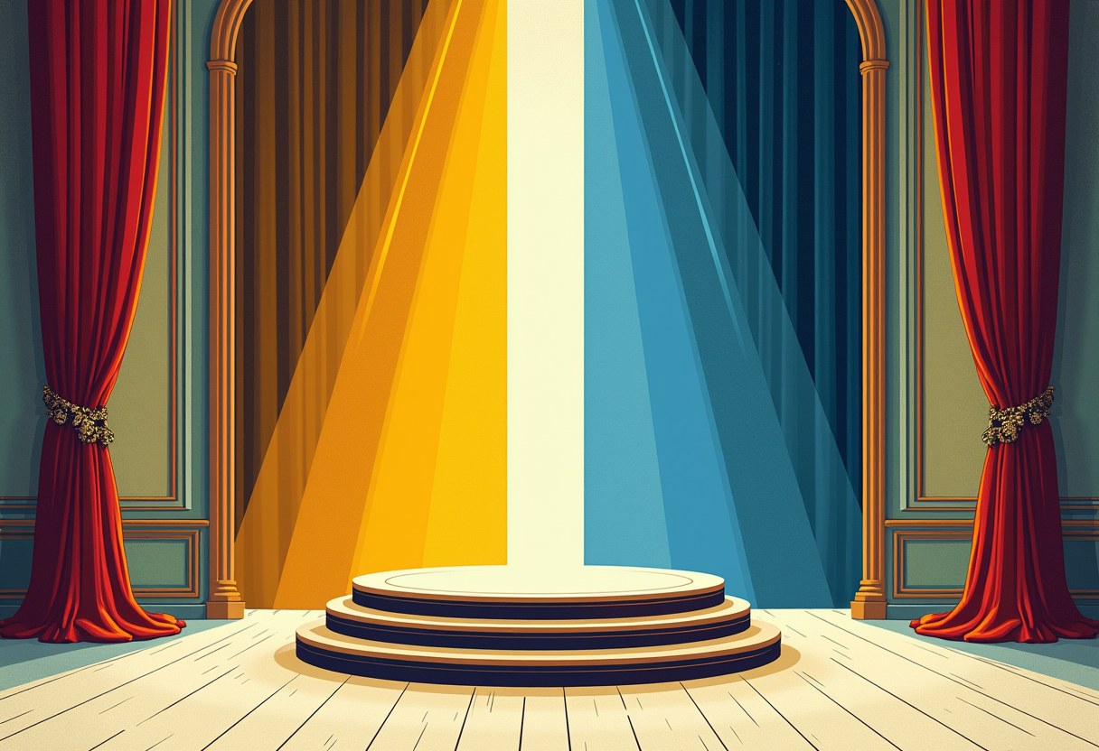 An empty round podium on a stage lit by a yellow spotlight on one side and a blue spotlight on the other, flanked by red curtains.