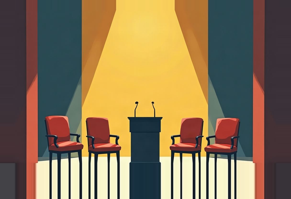 Four empty red armchairs flank a dark podium with two microphones on a stage lit by a yellow spotlight, framed by teal curtains and orange side panels.