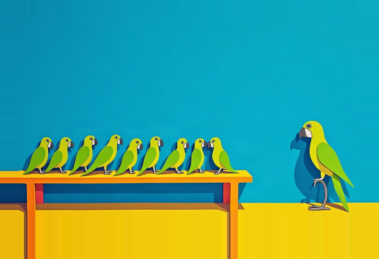 Nine small green-and-yellow parrots in a row on an orange table face one larger parrot standing on a yellow floor against a solid blue wall.