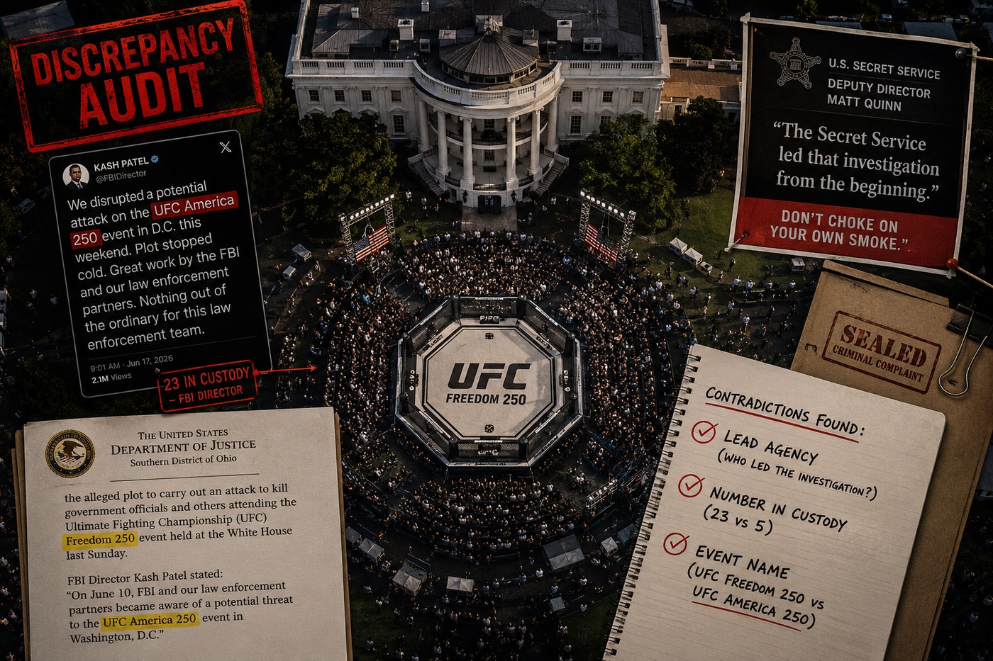 Aerial photo of a UFC octagon and crowd on the White House South Lawn, overlaid with a DOJ document, a tweet from Kash Patel, a Secret Service quote card, a sealed complaint folder, and a notepad listing contradictions, under a red DISCREPANCY AUDIT stamp.