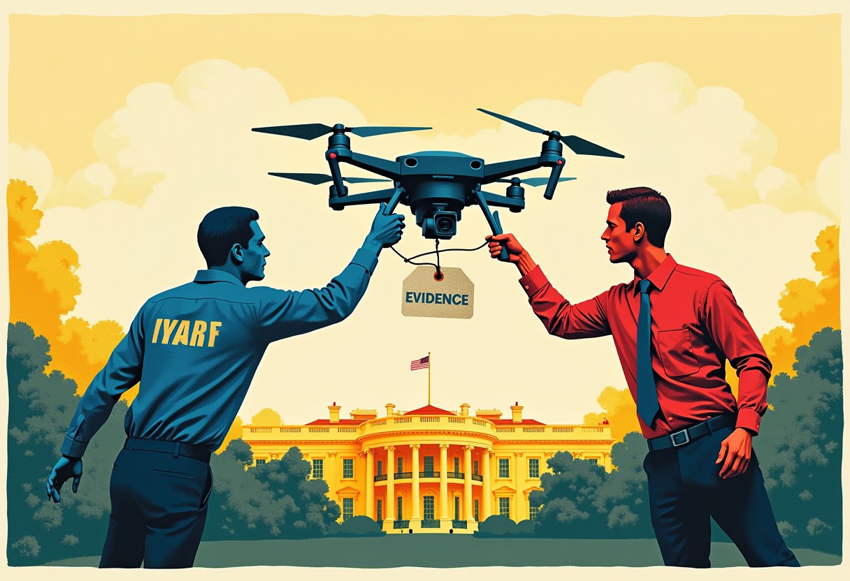 Two men in blue and red shirts each grip a drone tagged 'Evidence' above the White House, under a yellow sky.