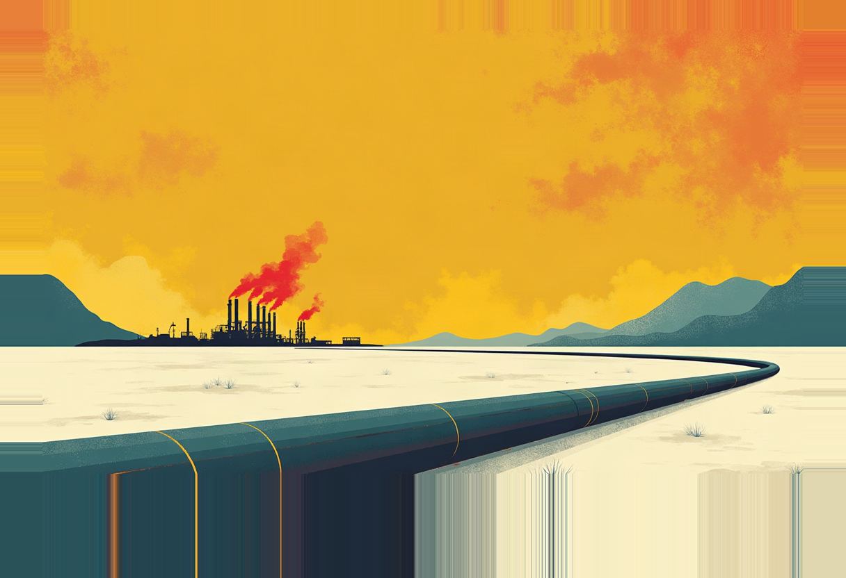 A teal pipeline curves across pale ground toward a silhouetted industrial refinery with smokestacks emitting red-orange smoke under a yellow-orange sky, flanked by dark hills.