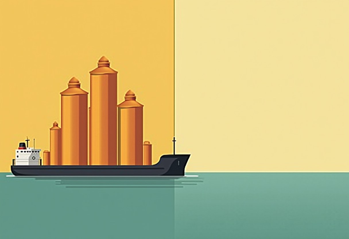 Flat-style illustration of a dark cargo ship with domed orange silos on its deck, floating on teal water against a two-tone yellow sky.