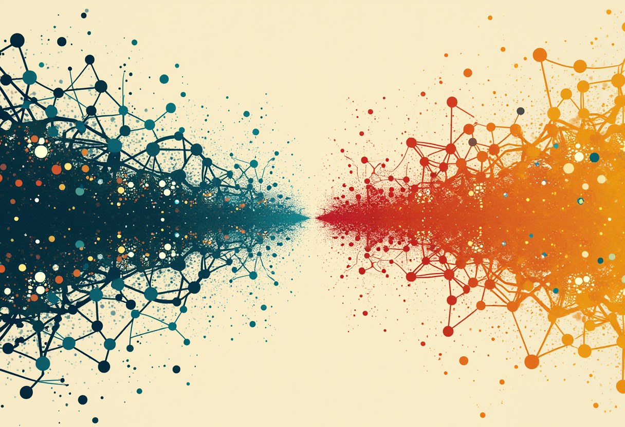 Two clusters of connected dots and nodes, one dark blue on the left and one red-orange on the right, facing each other on a cream background.