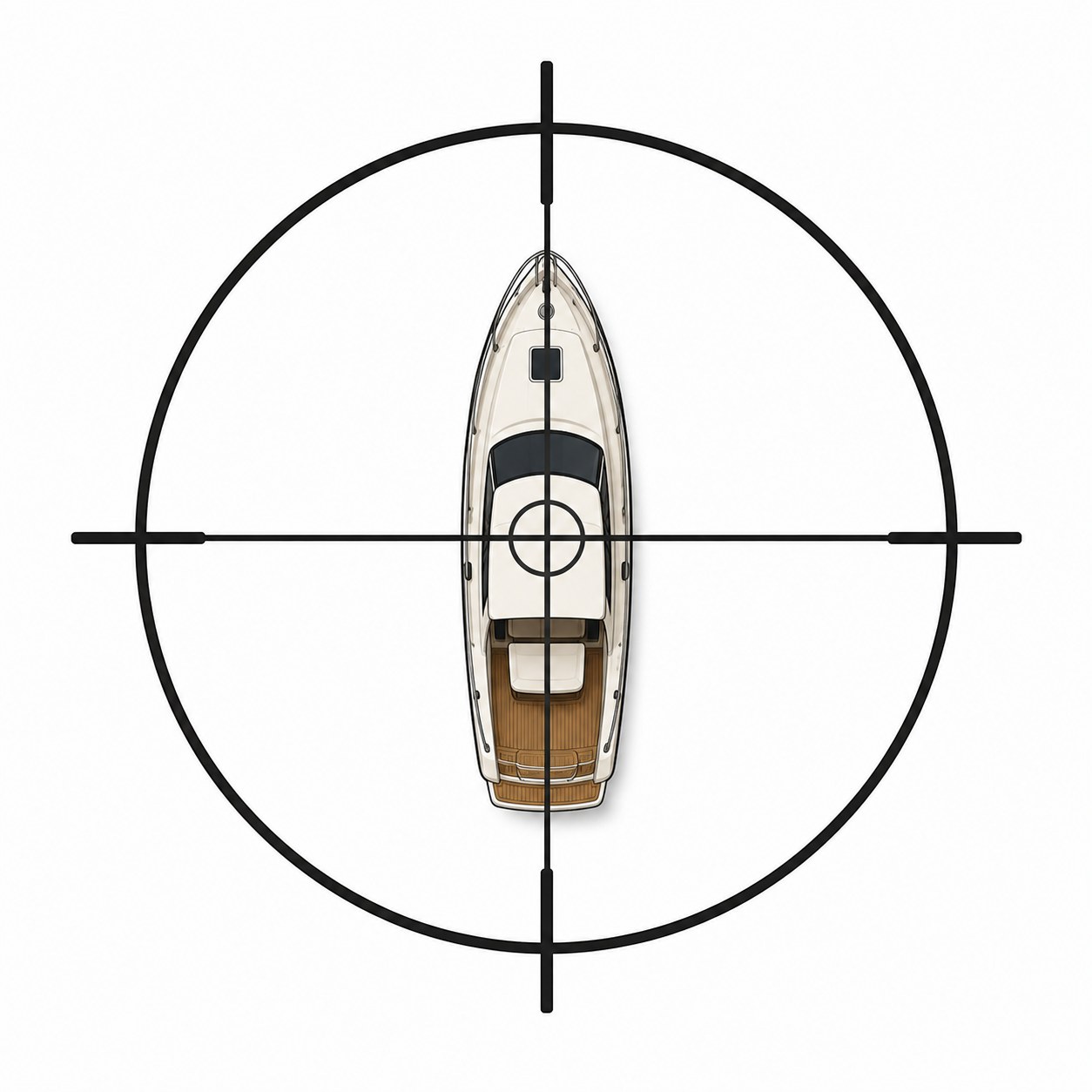 A black crosshair scope reticle centered on a white speedboat with a tan rear deck, viewed from directly above on a plain white background.