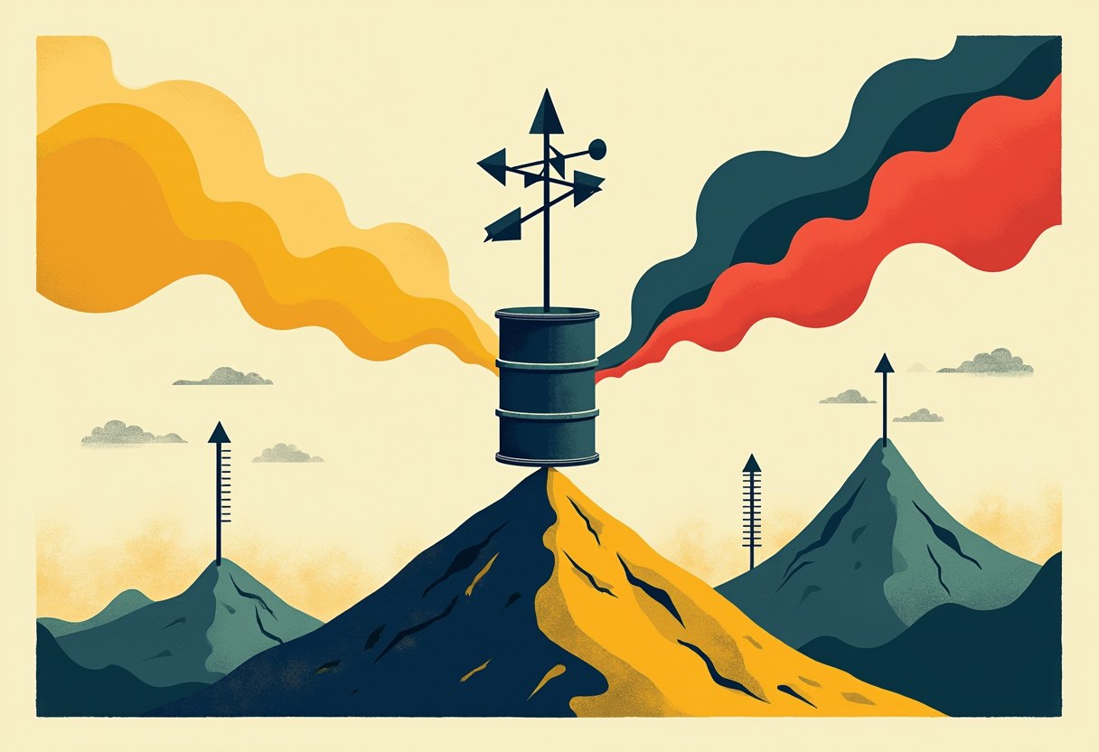 An oil barrel with a weather-vane on a mountain peak trails yellow smoke to the left and red-and-navy smoke to the right, flanked by upward-arrow thermometers on smaller peaks.
