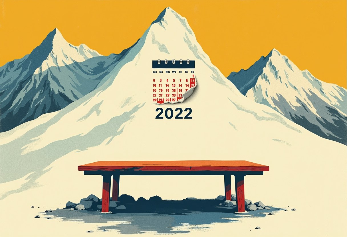 An empty red table sits in snow before three snow-covered mountain peaks under an orange sky, with a torn 2022 calendar page positioned over the tallest peak.