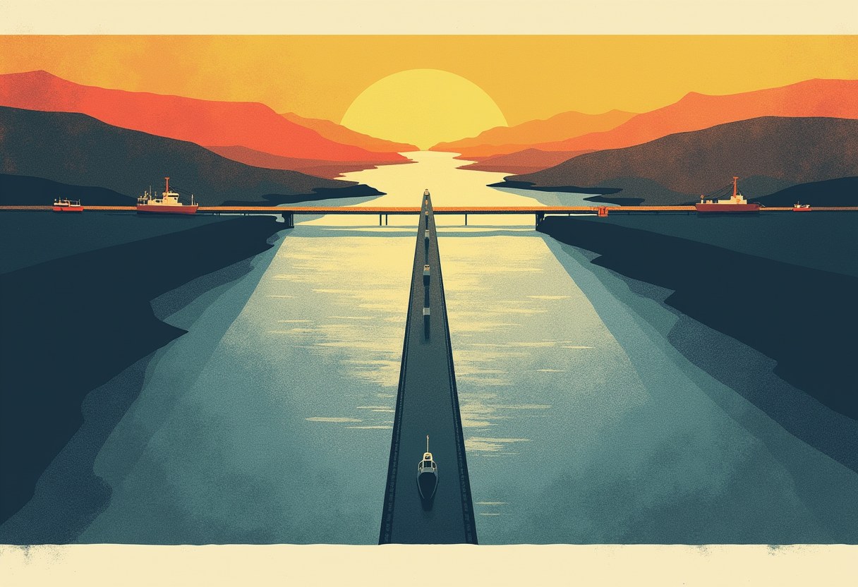 A single boat sails a narrow strait between dark cliffs toward an orange sunset, with a bridge and cargo ships waiting on either side.