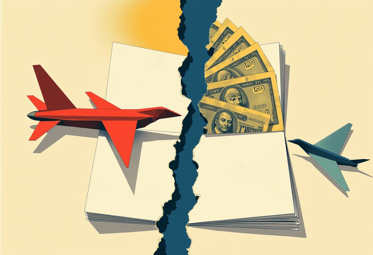 An open book torn down the middle spills fanned dollar bills, with a red paper-airplane jet on the left page and a teal one on the right.